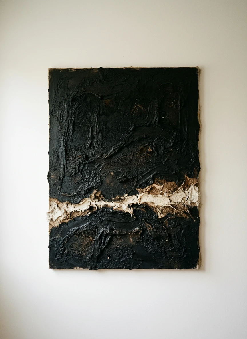 Noir tellurique — Zina Art, 2026, Technique mixte, pigments et sable sur toile de lin, 100 × 120